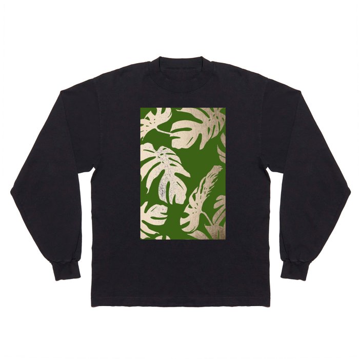 Palm Leaves White Gold Sands on Jungle Green Long Sleeve T Shirt