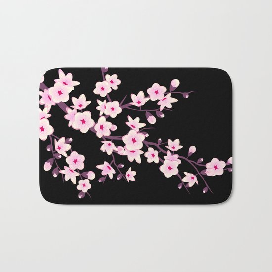 Cherry Blossoms Pink Black Bath Mat