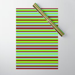 [ Thumbnail: Sky Blue, Green & Dark Red Colored Lined Pattern Wrapping Paper ]