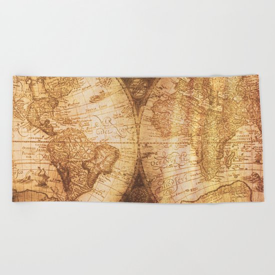 Antique World Map on Wood Beach Towel