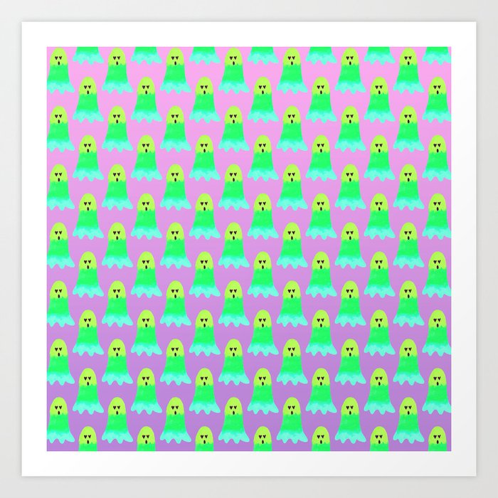 Sweet Neon Green Ghost Pattern over Pink and Purple Gradient for Modern Halloween Art Print