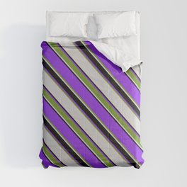 [ Thumbnail: Purple, Green, Light Gray & Black Colored Lines/Stripes Pattern Comforter ]