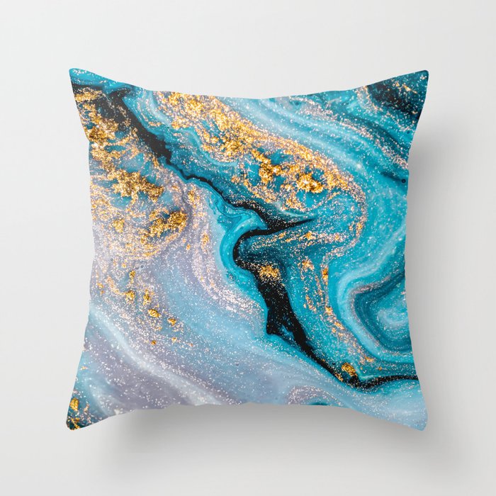 Blue and Gold Glitter Marble, Modern Marble Print, Luxury Geometric Art, Minimal Scandinavian Abstract Pattern Throw Pillow