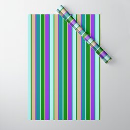 [ Thumbnail: Vibrant Tan, Purple, Dark Cyan, Turquoise & Green Colored Striped/Lined Pattern Wrapping Paper ]