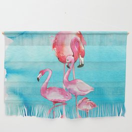 Watercolor ocean blue tropical pink flamingo bird Wall Hanging