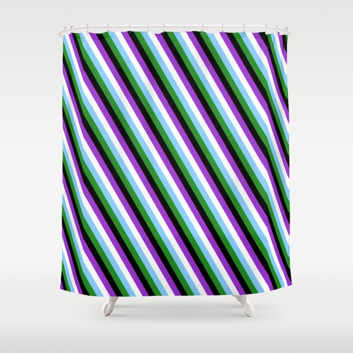 Eye-catching Dark Orchid, White, Light Sky Blue, Forest Green, and Black Colored Stripes Pattern Shower Curtain