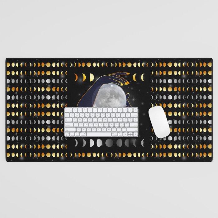 Moon phases mystical womans hands on full moon Desk Mat