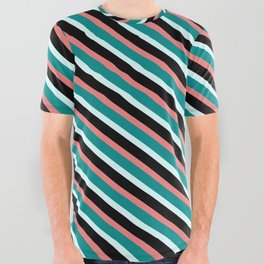 [ Thumbnail: Light Coral, Dark Cyan, Light Cyan, and Black Colored Lined/Striped Pattern All Over Graphic Tee ]