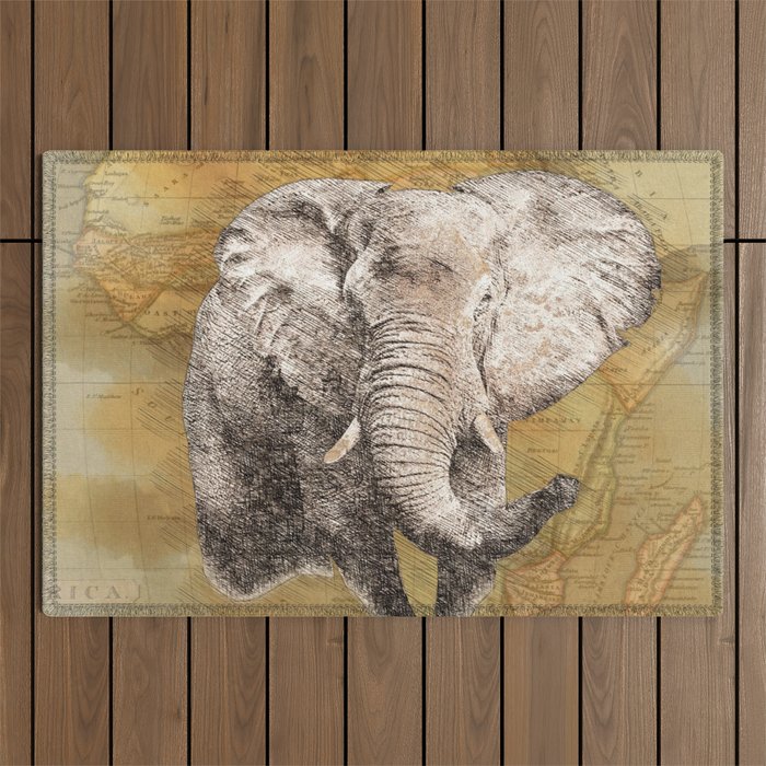African American Tanzania Africa travel poster with elephant and map of continental Africa for home, wall, and bedroom decor Outdoor Rug
