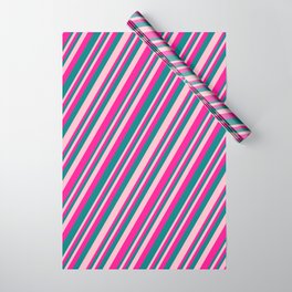 [ Thumbnail: Pink, Deep Pink, and Teal Colored Striped Pattern Wrapping Paper ]