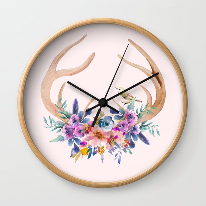 Antlers with Flowers Wall Clock