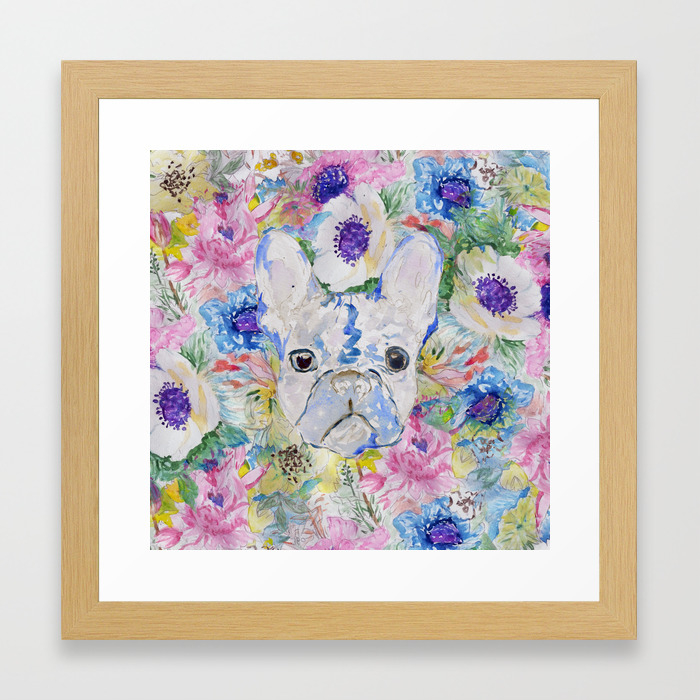 Abstract French Bulldog Floral Watercolor Paint Framed Art Print