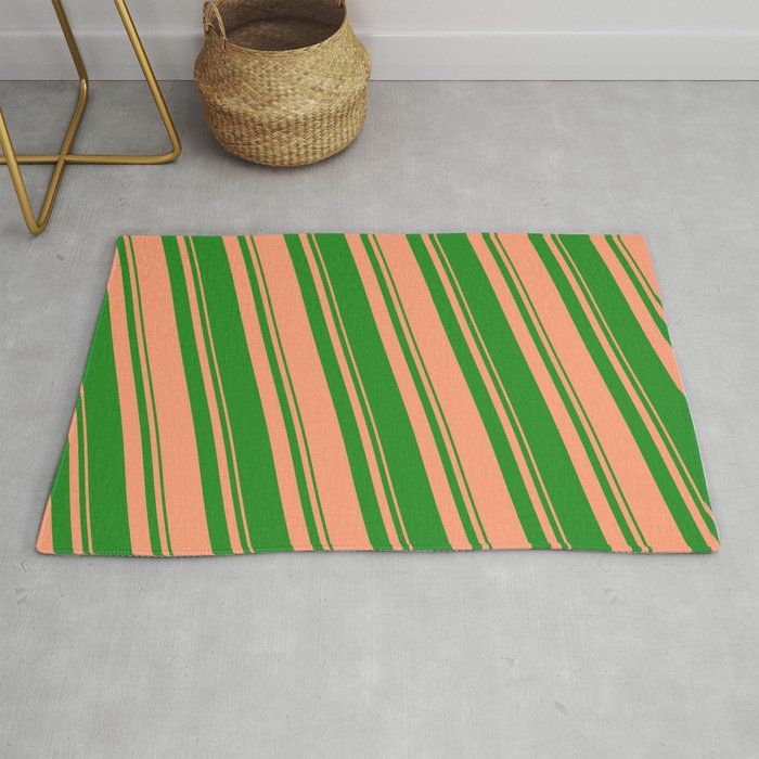 Forest Green & Light Salmon Colored Lined/Striped Pattern Rug