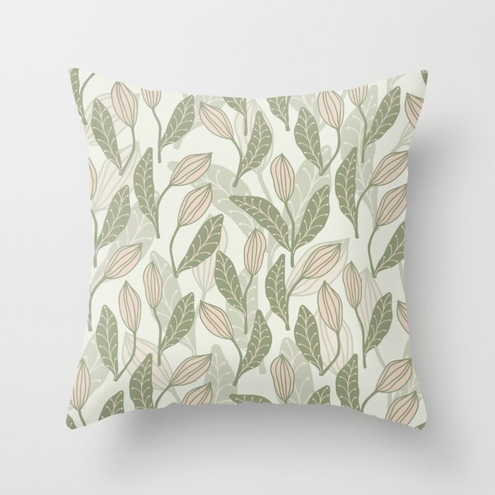 Abstract Organic Flowers in Sage Green, Blush Pink and Cream Throw Pillow