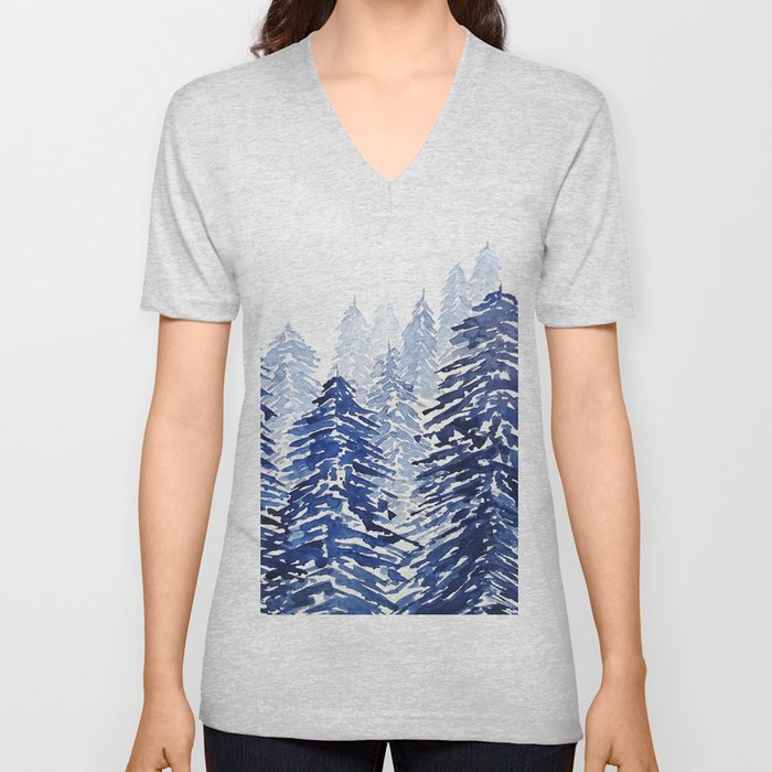 A snowy pine forest watercolor  V Neck T Shirt