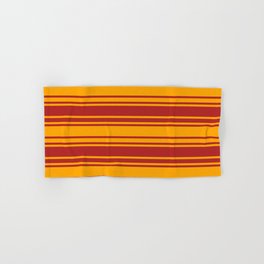 [ Thumbnail: Red & Orange Colored Lined/Striped Pattern Hand & Bath Towel ]
