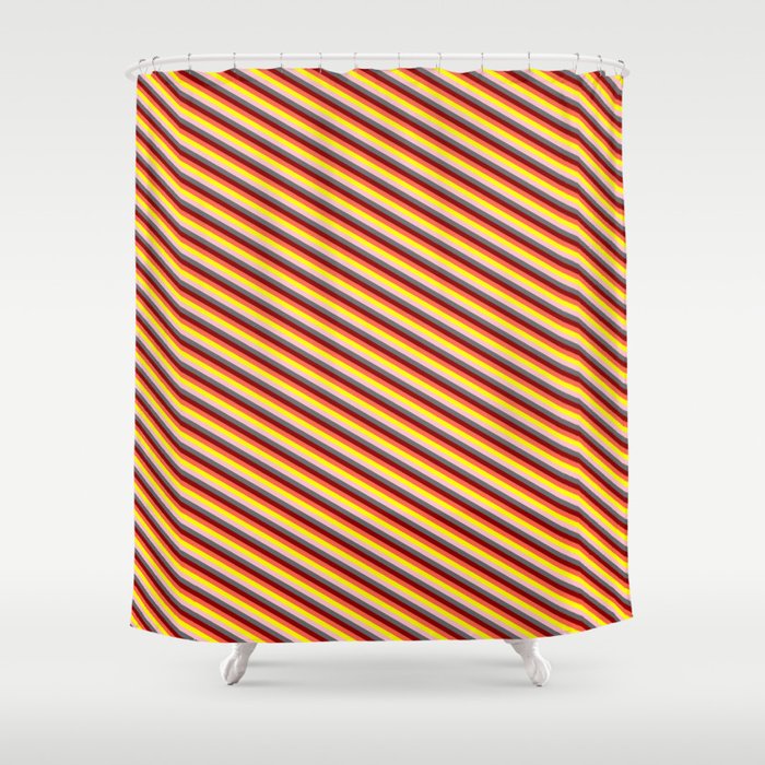 Yellow, Pink, Dim Grey, Dark Red, and Red Colored Lined Pattern Shower Curtain