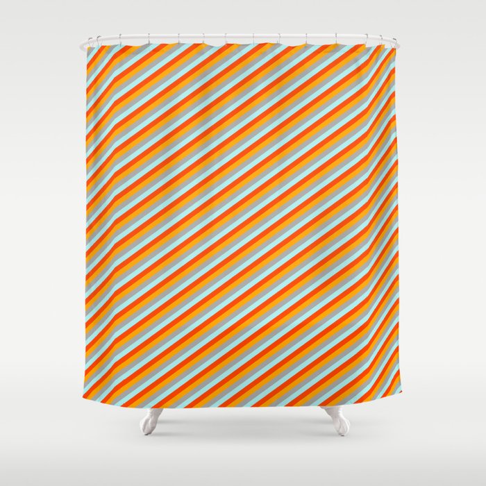 Orange, Dark Grey, Turquoise, and Red Colored Pattern of Stripes Shower Curtain