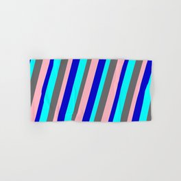 [ Thumbnail: Cyan, Dim Gray, Light Pink & Blue Colored Striped Pattern Hand & Bath Towel ]