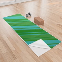 [ Thumbnail: Forest Green, Green & Light Sea Green Colored Pattern of Stripes Yoga Towel ]