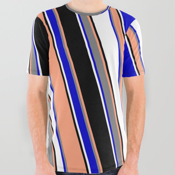 Vibrant Light Salmon, Gray, Blue, White & Black Colored Lined/Striped Pattern All Over Graphic Tee
