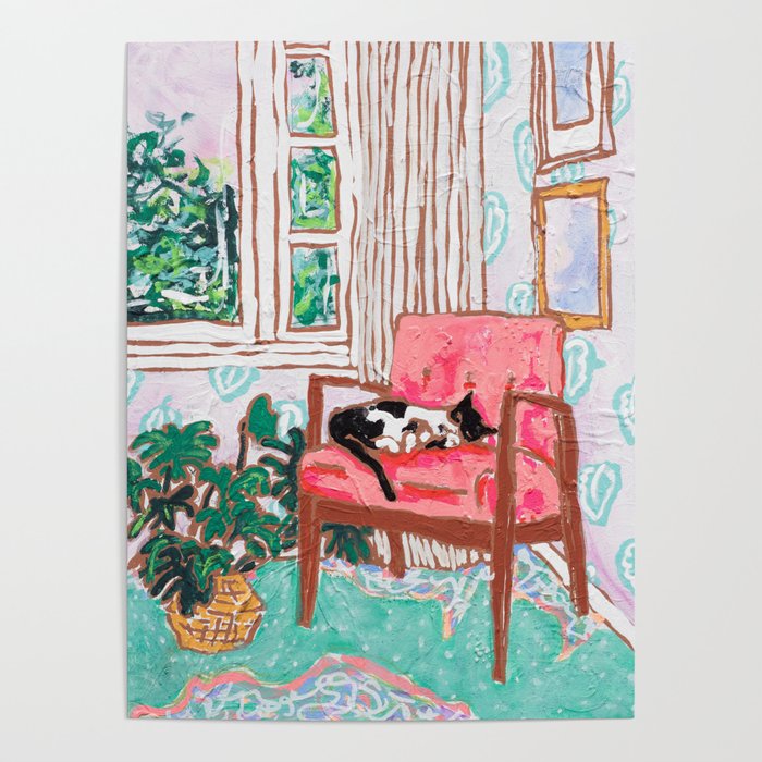 Little Naps - Tuxedo Cat Napping in a Pink Mid-Century Chair by the Window Poster