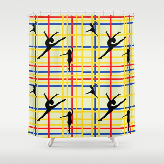 Dancing like Piet Mondrian - New York City I. Red, yellow, and Blue lines on the light green background Shower Curtain
