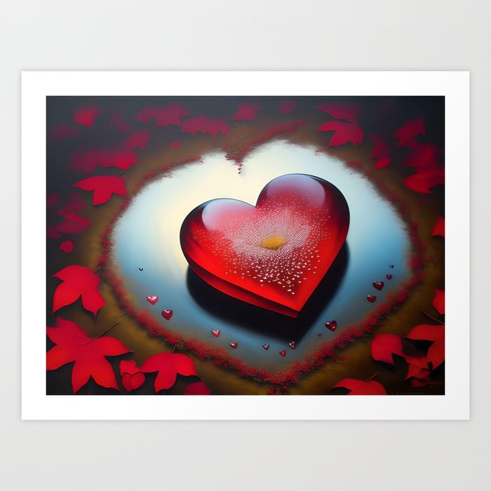 Woman in love; diamond glass red heart waiting for love in a darkened maple woods romantic landscape painting Art Print