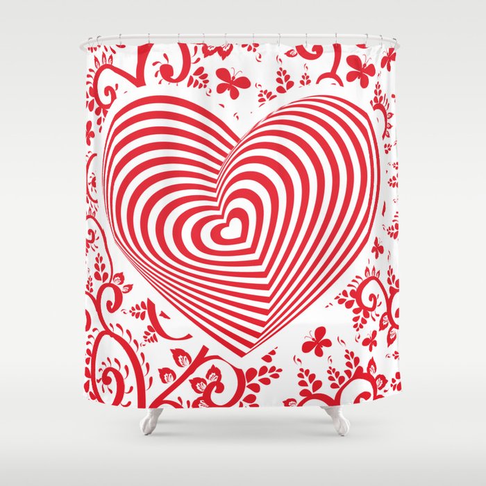 Red White Heart On Red Floral Ornament Background Optical