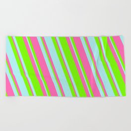 [ Thumbnail: Green, Turquoise & Hot Pink Colored Lines Pattern Beach Towel ]