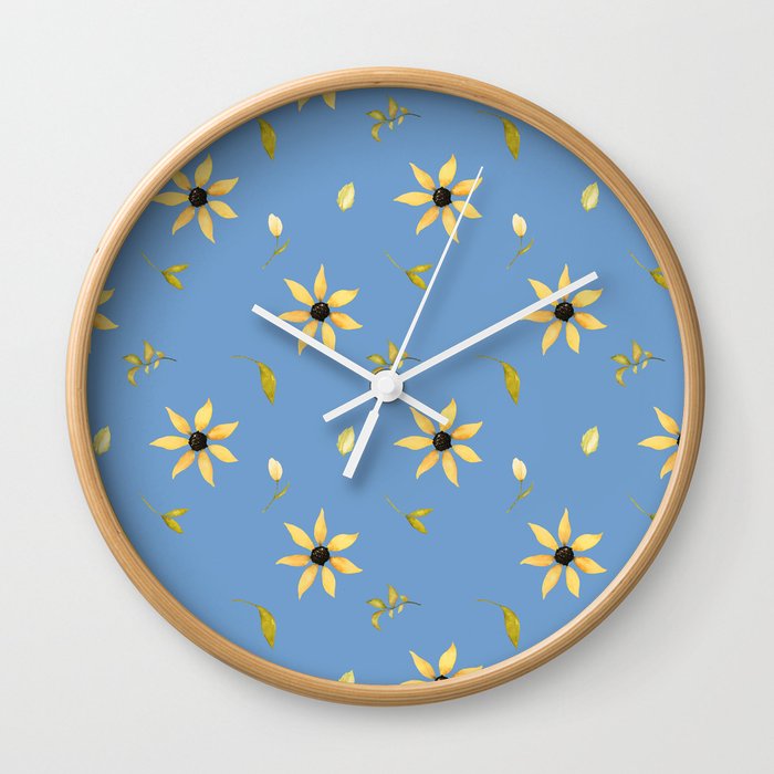 Cute botanical yellow meadow blue pattern Wall Clock