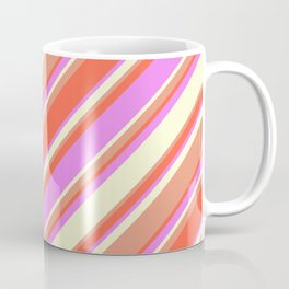 [ Thumbnail: Dark Salmon, Red, Violet, and Light Yellow Colored Lined/Striped Pattern Coffee Mug ]