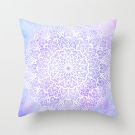 White Mandala on Pastel Blue and Purple Textured Background Throw Pillow