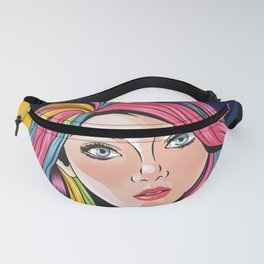 Look of innocence, Beautiful girl face with blue eyes and full color unicorn rainbow hair Fanny Pack