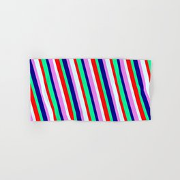 [ Thumbnail: Vibrant Violet, Dark Blue, Green, Red, and Light Cyan Colored Lines Pattern Hand & Bath Towel ]