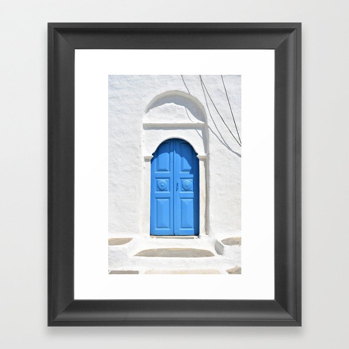 Greek Island Church Entance Door in Sifnos, White and Blue Minimalist Architecture Photography Framed Art Print
