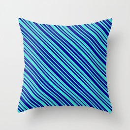 [ Thumbnail: Turquoise and Dark Blue Colored Lined/Striped Pattern Throw Pillow ]