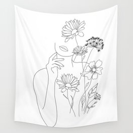 Minimal Line Art Woman with Flowers III Wall Tapestry