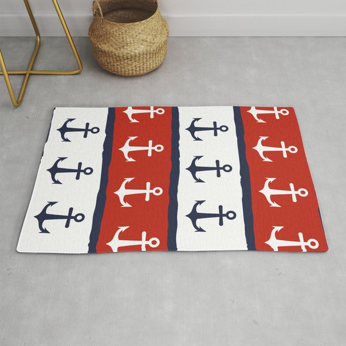 Navy Blue White Maroon Red Nautical Anchor Stripes Rug