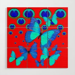 BLUE BUTTERFLIES PEACOCK FEATHER RED ART Wood Wall Art