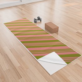 [ Thumbnail: Light Coral & Green Colored Striped/Lined Pattern Yoga Towel ]