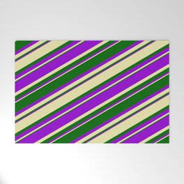 [ Thumbnail: Pale Goldenrod, Dark Green & Dark Violet Colored Lined Pattern Welcome Mat ]