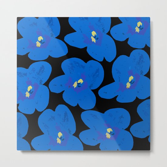Blue Retro Flowers on Black Background Metal Print