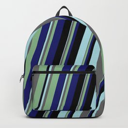 [ Thumbnail: Powder Blue, Dim Gray, Dark Sea Green, Midnight Blue, and Black Colored Lines/Stripes Pattern Backpack ]