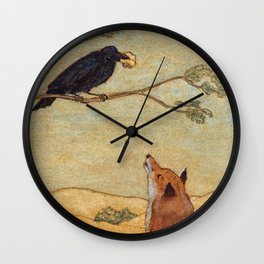 Fox and Crow, Aesop's Fable Illustration in the style of Arthur Rackham and Howard Pyle Wall Clock