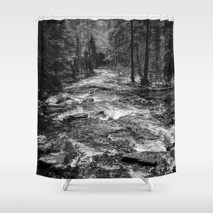 River in the Forest Black and White Shower Curtain