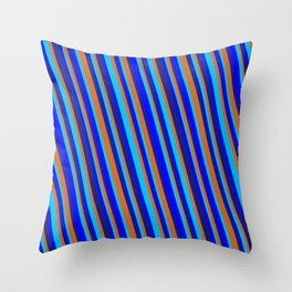 [ Thumbnail: Midnight Blue, Chocolate, Deep Sky Blue & Blue Colored Striped/Lined Pattern Throw Pillow ]
