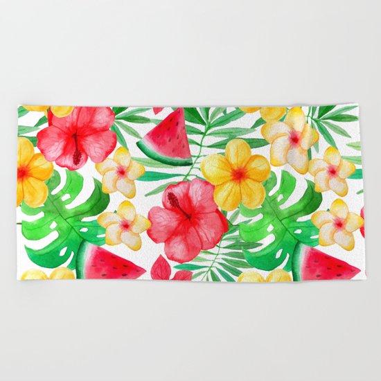 Happy Summer Life- Aloha Flowers and Melon - Pattern on #Society6 Beach Towel