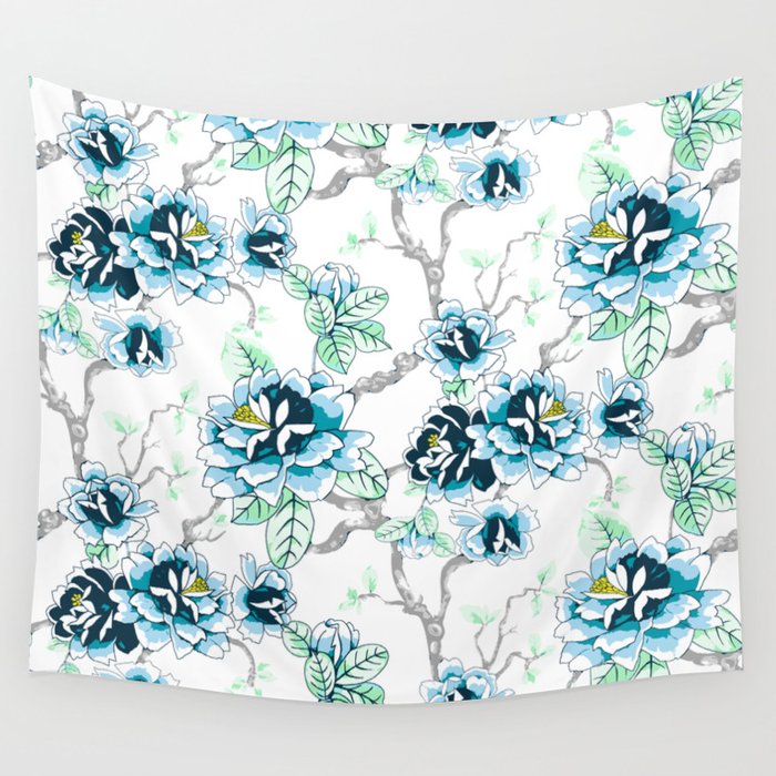 Spring Flowers Pattern Blue Soft Green on White Wall Tapestry