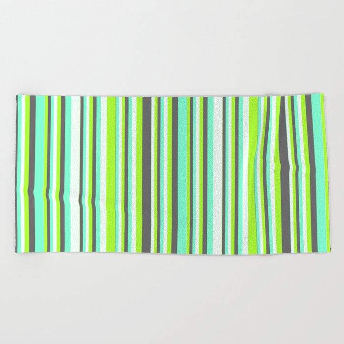Light Green, Dim Grey, Aquamarine, and Mint Cream Colored Stripes Pattern Beach Towel